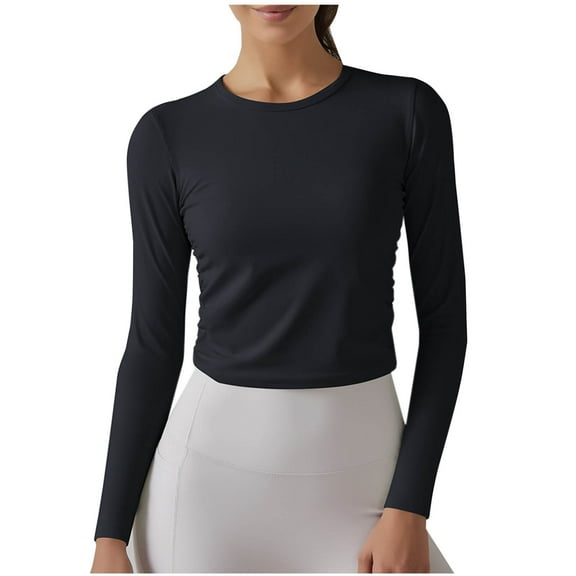 Diufon Womens Yoga Tops Fall Casual Solid Color Crop Tops Round Neck Long Sleeve Blouses