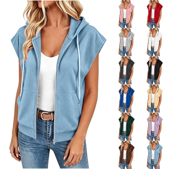 Diufon Zip Up Hoodie Jackets for Women Cap Sleeve Drawstring Hood Sweatshirts Jacket Casual Outerwear with Pockets