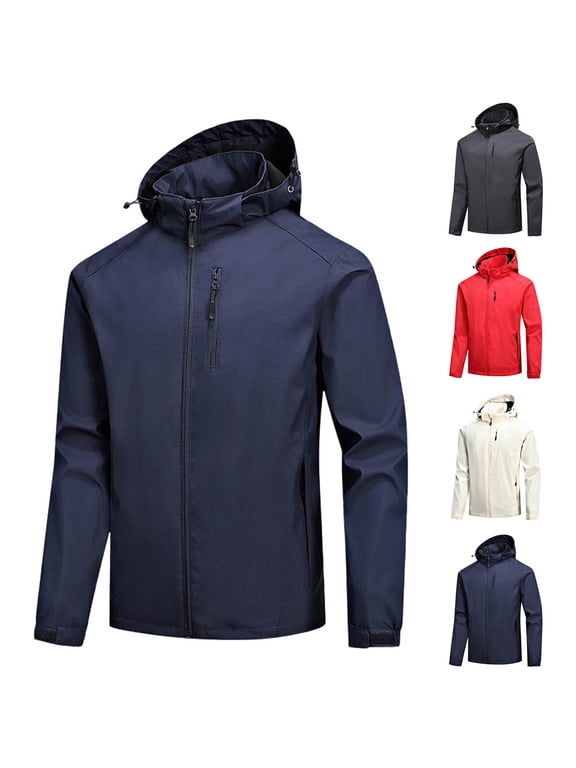 Zip Up Windproof Jackets for Men Long Sleeve Hooded Tops Casual Outdoor Fall Winter Jackets with Zipper Pockets