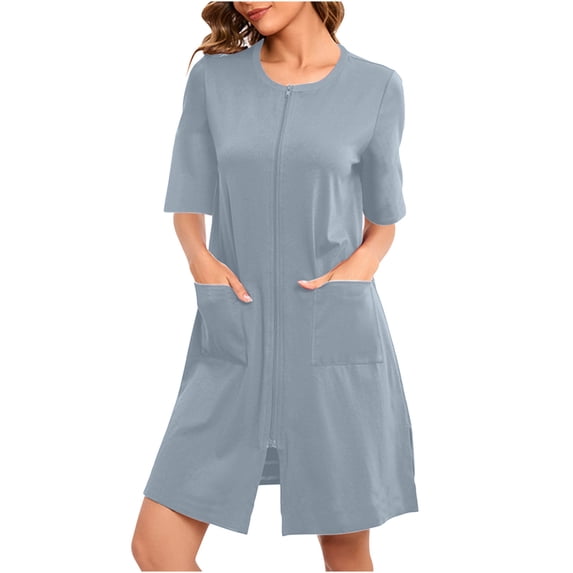 Diufon Zipper Front Pajamas for Women 3/4 Sleeve Home Robe Lightweight Knee Length Bathrobes Dress with Pockets
