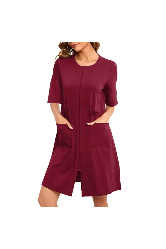 Zipper Front Pajamas for Women 3/4 Sleeve Home Robe Lightweight Knee Length Bathrobes Dress with Pockets
