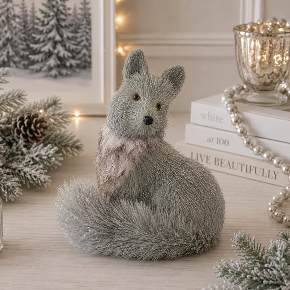 Diva At Home Glittered Fox Christmas Figurine - 8.75" - Light Gray