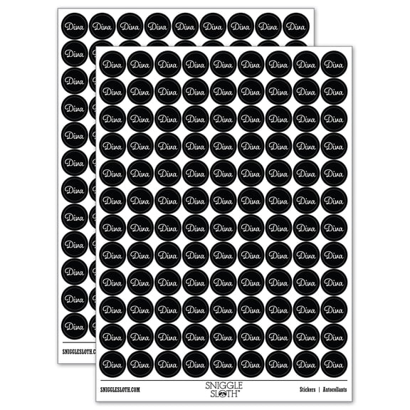 Diva Fun Text 200+ Round Stickers - Black - Matte Finish - 0.50" Size
