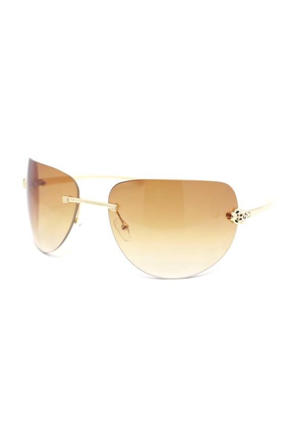 Diva Leopard Jewel Hinge Rimless Curved Wrap Lens Sunglasses Gold - Brown
