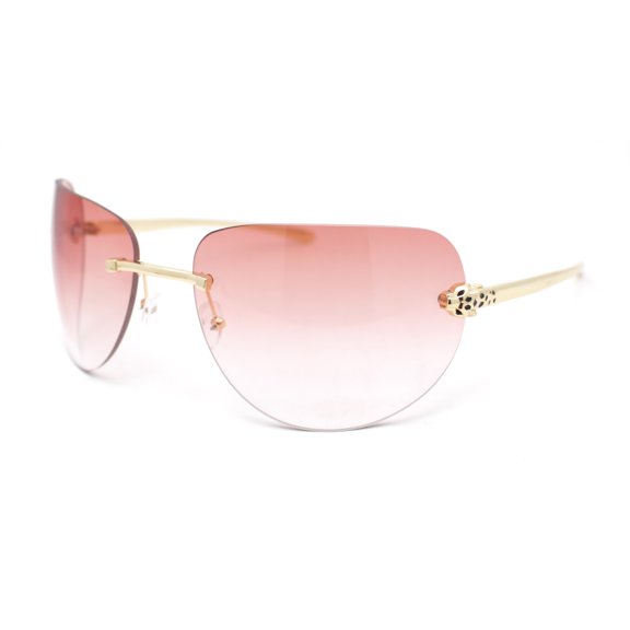Diva Leopard Jewel Hinge Rimless Curved Wrap Lens Sunglasses Gold - Pink