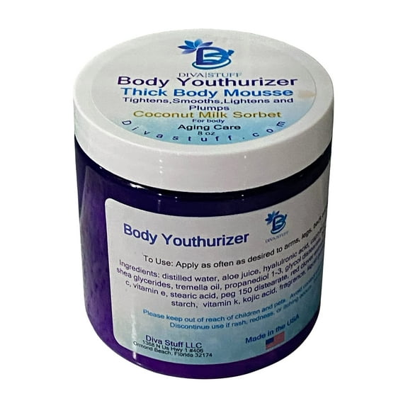 Diva Stuff Body Youthurizer, Thick Body Mousse For Crepey Skin With Anti Aging, Deep Hydration , Smoothing and Plumping Properties Coconut Milk Sorbet Scent, 8 oz Jar