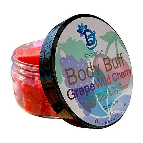 Diva Stuff Sugar Cube Body Buff Scrub, Exfoliates and Hydrates Skin, Pairs With Our Crepey Skin Cream - Grape Wild Cherry, 8 oz (Made in the USA)