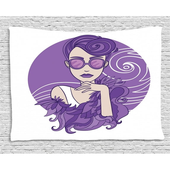 Diva Tapestry, Glam Lady with Short Grunge Hair Wearing Purple Shade Clothes Sunglasses, Wall Hanging for Bedroom Living Room Dorm Decor, 80W X 60L Inches, Violet White Eggshell, by Ambesonne