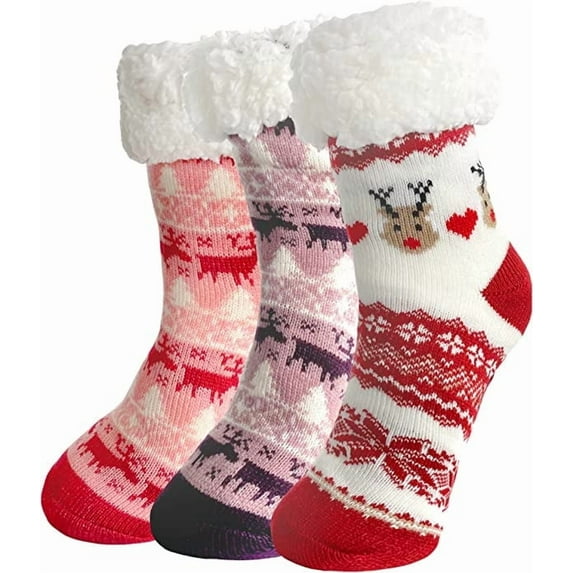DivanTree 3 Pairs Christmas Fuzzy Socks for Women Non Skid, Warm Thermal Sleep Plush Fuzzy Slipper Socks for Winter, Cozy Soft Fluffy Christmas Gift Socks