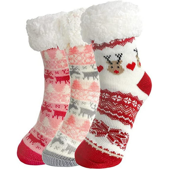 DivanTree 3 Pairs Christmas Fuzzy Socks for Women Non Skid, Warm Thermal Sleep Plush Fuzzy Slipper Socks for Winter, Cozy Soft Fluffy Christmas Gift Socks