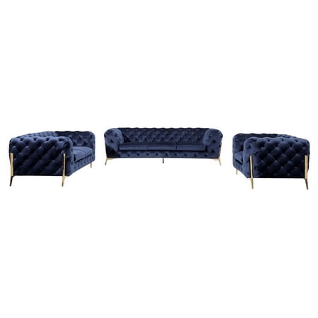 Divani Casa Quincey Transitional Velvet Fabric Upholstered Sofa Set in Blue