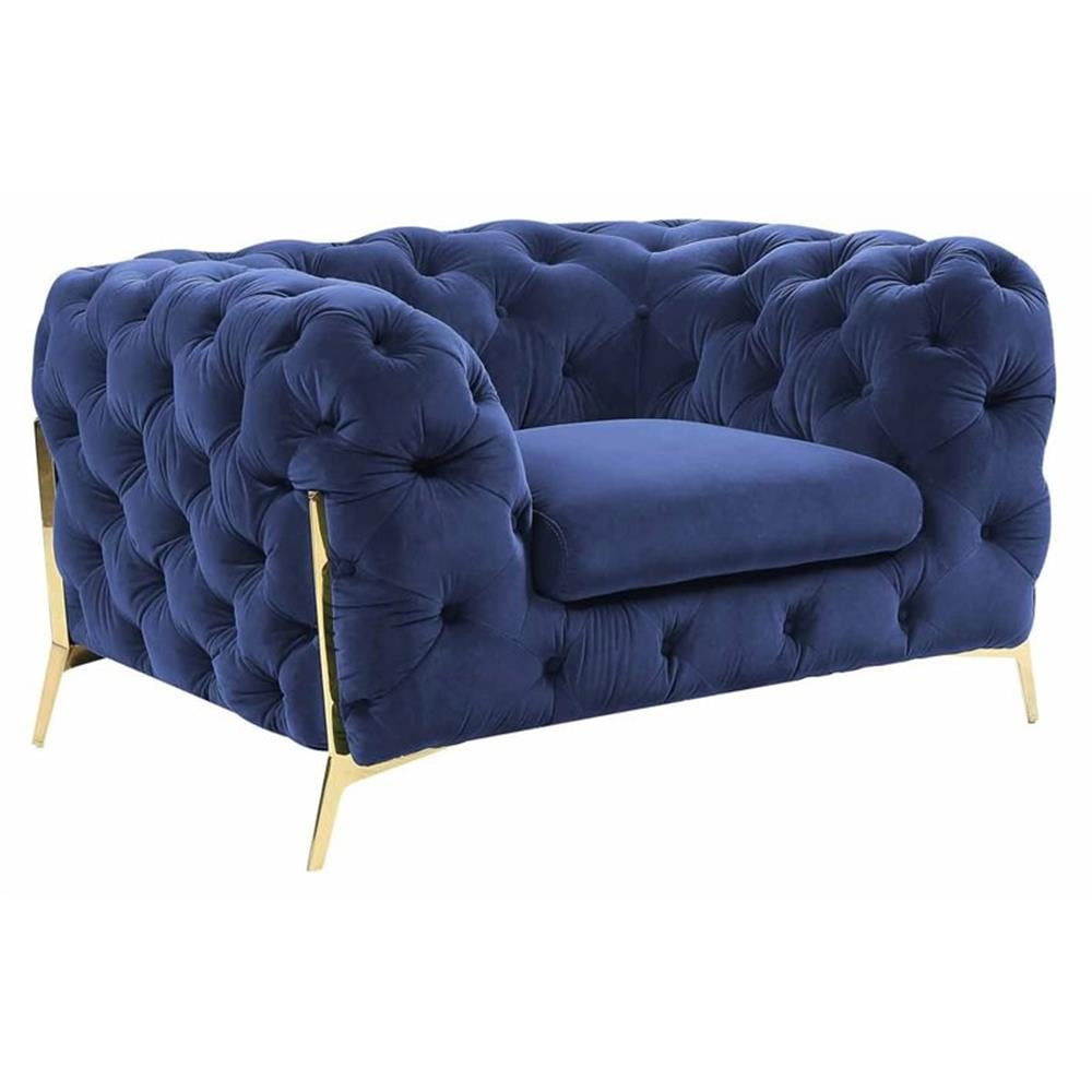 Quincey Blue Velvet Tufted Accent Chair with Gold Legs