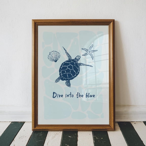 Dive Into The Blue, Beach House Home Decor, Minimal Wall Art, Aesthetic Decor, Sea Turtle Ocean Lover Wall Decor,, Stretched Canvas Size 12x18