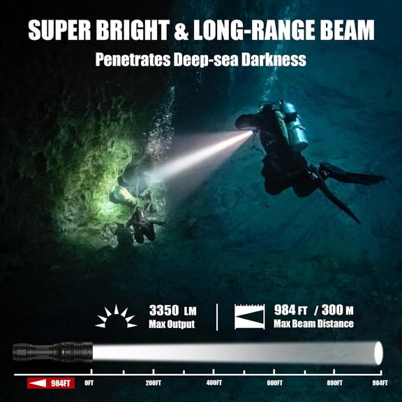 Dive Light 3350 Lumens Diving Flashlight, IPX8 Waterproof Underwater Flashlight for Scuba Diving, Rechargeable Scuba Dive Lights, 3 Modes with Magnetic Rotary Switch, Wrist Holder, UF-DIV13S