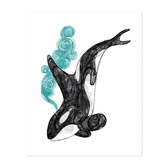 Dive - Mixed Media Marine Life Watercolor Illustration Animal Aquatic Line Art Unframed Wall Art Print 36 x 48 inches