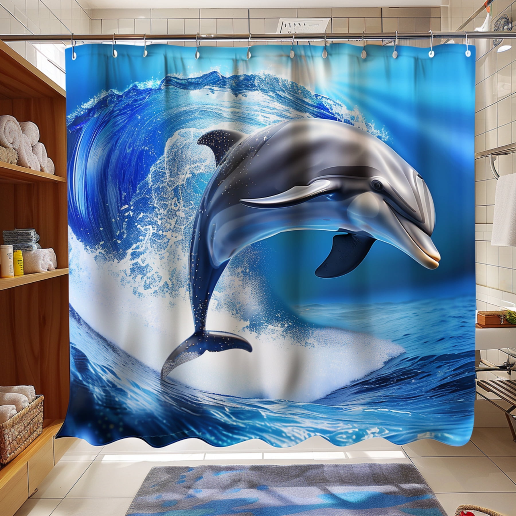 Dive into Luxury Dolphin Shower Curtain Set with Hyperrealistic Design and Ultra Quality