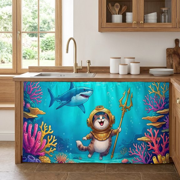 Diver Cat Cabinet Curtains for Kitchen 32"W x 55"L, Summer Cartoon Ocean Shark Coral Pantry Curtain Skirt Magic Tape Short Curtains Decor Privacy Panel for Utility Closet Bathroom