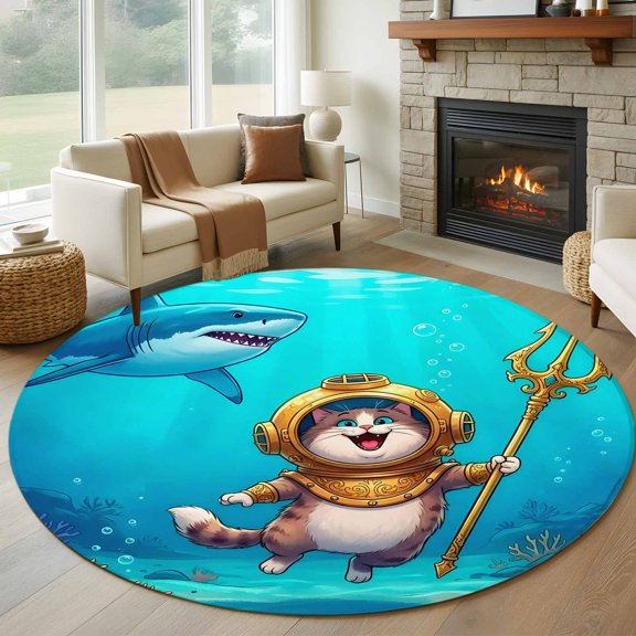 Diver Cat Round Rugs for Living Room 7ft Summer Cartoon Ocean Shark Coral Non Slip Circle Rug Washable Low-Profile Indoor Carpet for Bedroom, Dining Room, Bathroom