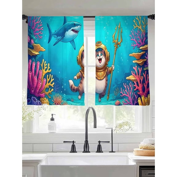 Diver Cat Sheer Curtains 54 inches Long, Summer Cartoon Ocean Shark Coral Light Filtering Sheer Window Curtains Rod Pocket Voile Drapes for Bedroom Living Room, 2 Panels