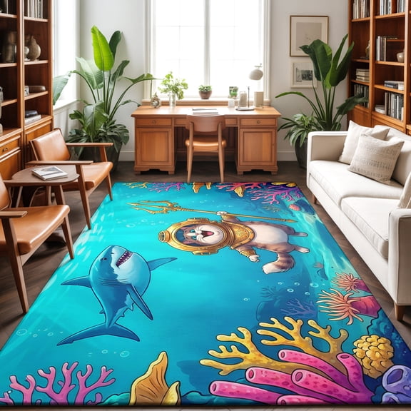 Diver Cat Washable Area Rug 9 x 12 ft Summer Cartoon Ocean Shark Coral, Soft Non Slip Rugs Stain Repellent Indoor Felt Carpet for Living Dining Room Bedroom Home Office
