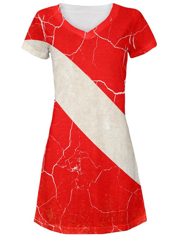Diver Down Distressed Weathered Flag All Over Juniors Beach Cover-Up Dress Multi X-LG