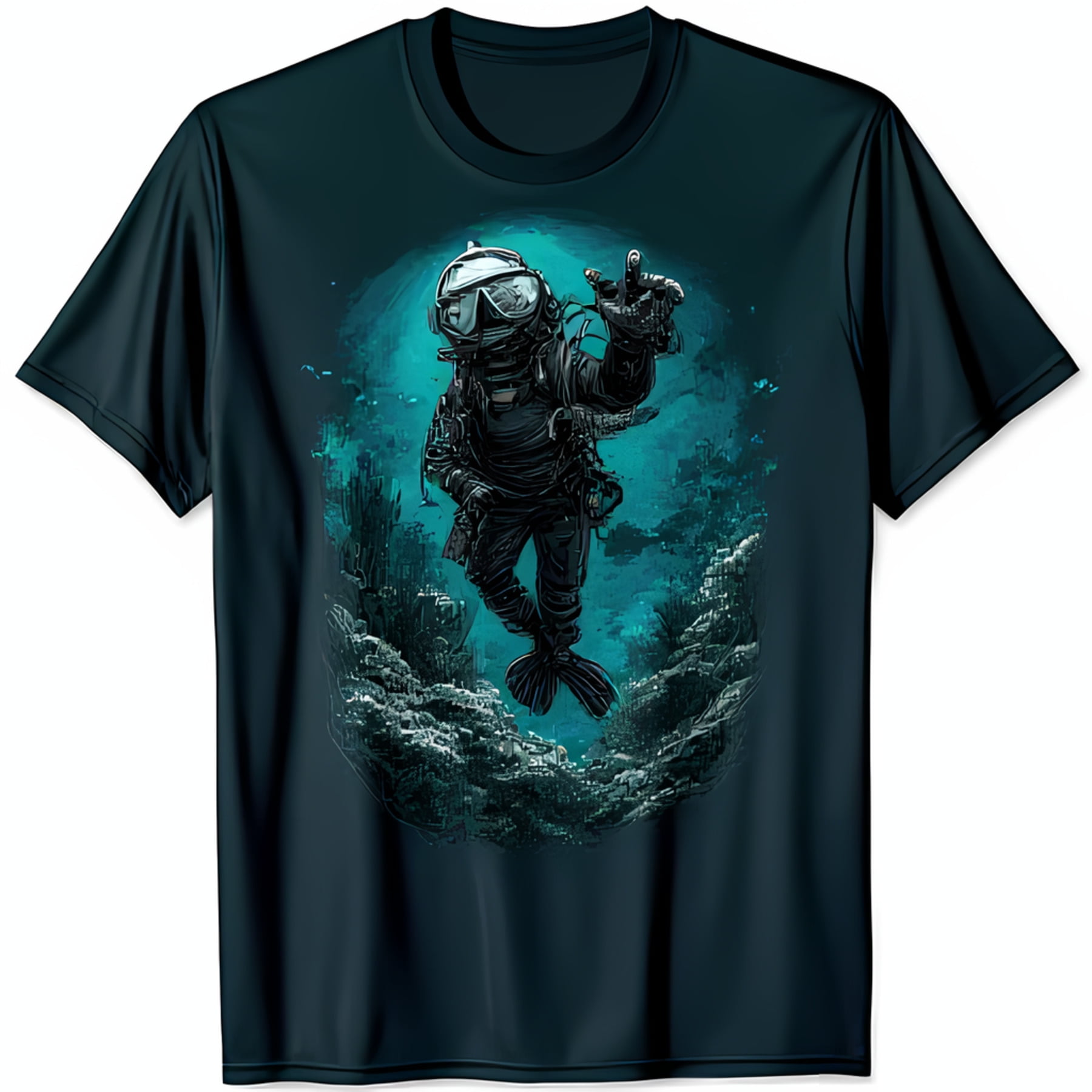 Diver Graphic T-Shirt Dark Blue Tee with Underwater Reef Design