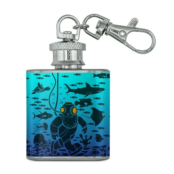 Diver Retro Ocean Sea Diving Stainless Steel 1oz Mini Flask Key Chain