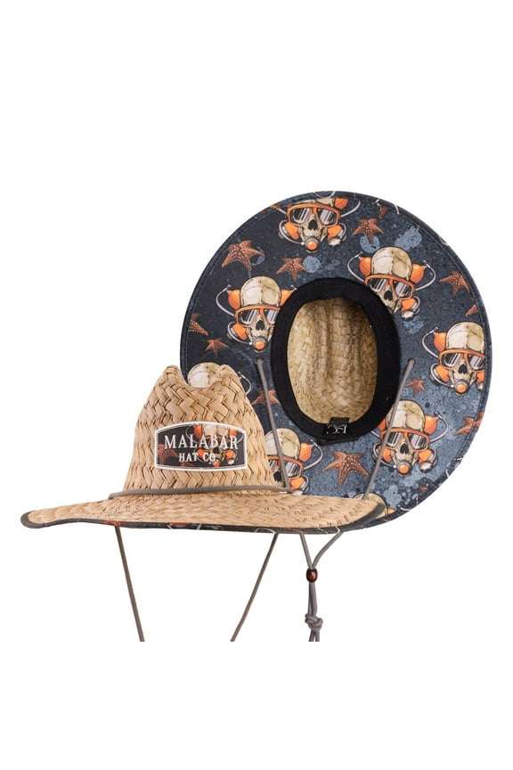 Diver Sun Hat, Men's Straw Hat with Fabric Pattern Print Lifeguard Hat, Beach Ocean, Cruise, and Outdoor, Summer, Fits All, Malabar Hat Co