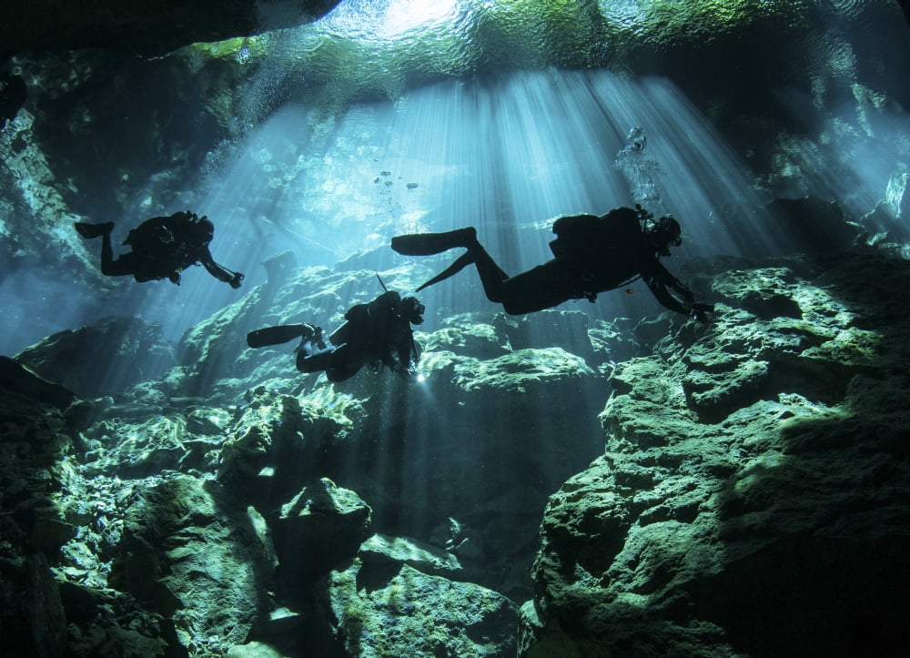 Diver enters the cavern system in the Riviera Maya area of Mexico Canvas Art - Karen DoodyStocktrek Images (33 x 24)
