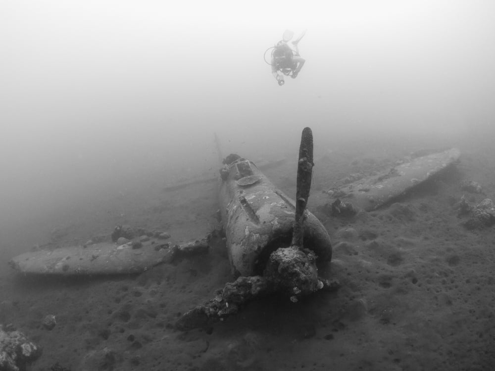 Diver explores the wreck of a Mitsubishi Zero fighter plane Canvas Art - Steve JonesStocktrek Images (17 x 13)