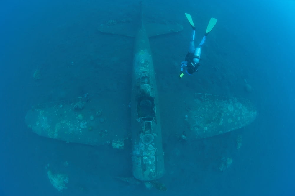 Diver explores the wreck of a Mitsubishi Zero fighter plane Canvas Art - Steve JonesStocktrek Images (18 x 12)