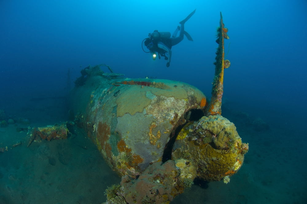 Diver explores the wreck of a Mitsubishi Zero fighter plane Canvas Art - Steve JonesStocktrek Images (35 x 23)