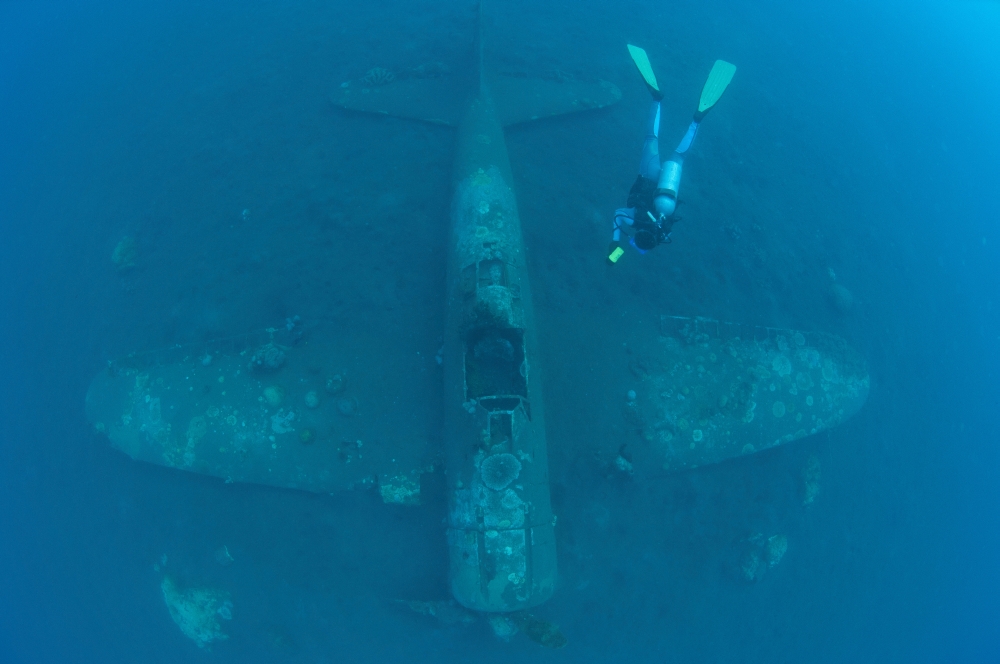 Diver explores the wreck of a Mitsubishi Zero fighter plane Canvas Art - Steve JonesStocktrek Images (35 x 23)