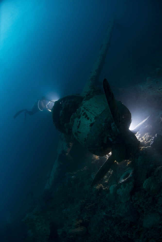 Diver exploring the wreck of a Japanese Navy Seaplane in Palau Micronesia Canvas Art - Mathieu MeurStocktrek Images (23 x 34)