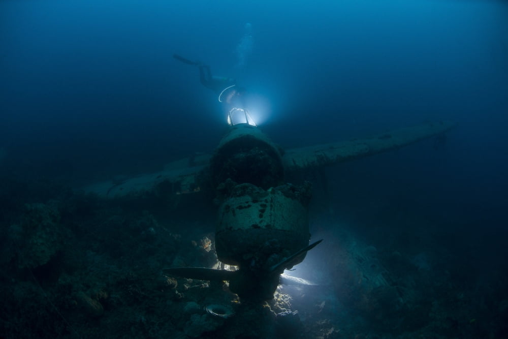 Diver exploring the wreck of a Japanese Navy Seaplane in Palau Micronesia Canvas Art - Mathieu MeurStocktrek Images (34 x 23)