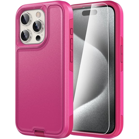 Diverbox for iPhone 15 Pro Case, 2 in 1 Shockproof DropProof Protective Phone Case with Screen Protector - Pink