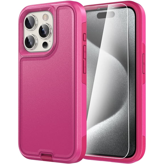 Diverbox for iPhone 15 Pro Case, 2 in 1 Shockproof DropProof Protective Phone Case with Screen Protector - Pink