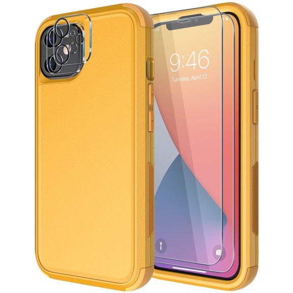 Diverbox for iPhone 11 Case [Shockproof] [Dropproof] [Tempered Glass Screen Protector + Camera Lens Protector],Heavy Duty Protection Phone Case Cover for Apple iPhone 11 (Yellow)