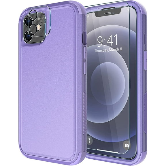 Diverbox for iPhone 12 Case [Shockproof] [Dropproof] [Tempered Glass Screen Protector + Camera Lens Protector],Heavy Duty Protection Phone Case Cover for Apple iPhone 12 (Purple)