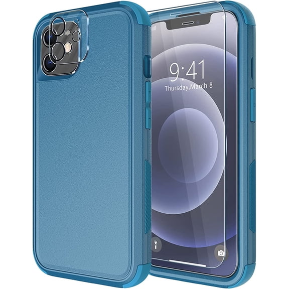 Diverbox for iPhone 12 Case [Shockproof] [Dropproof] [Tempered Glass Screen Protector + Camera Lens Protector],Heavy Duty Protection Phone Case Cover for Apple iPhone 12(Blue)