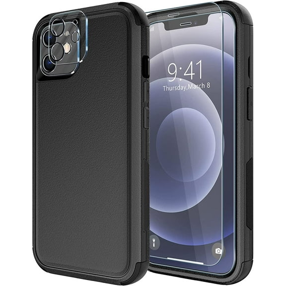 Diverbox for iPhone 12 Case [Shockproof] [Dropproof] [Tempered Glass Screen Protector + Camera Lens Protector],Heavy Duty Protection Phone Case Cover for Apple iPhone 12(Black)