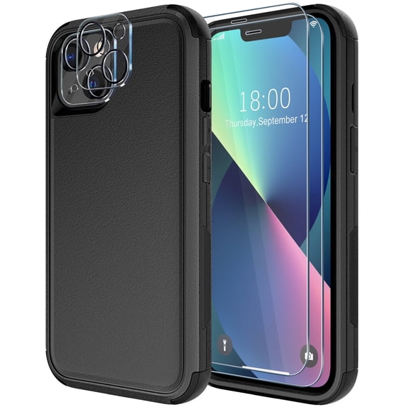 Diverbox Compatible for iPhone 13 Case [Shockproof] [Dropproof] [Tempered Glass Screen Protector   Camera Lens Protector],Heavy Duty Protection Phone Case Cover  (Black)