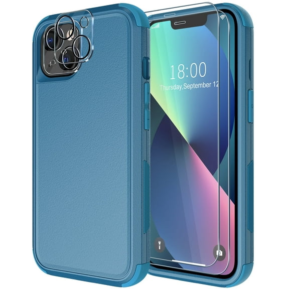 Diverbox for iPhone 13 Case [Shockproof] [Dropproof] [Tempered Glass Screen Protector   Camera Lens Protector],Heavy Duty Protection Phone Case Cover for Apple iPhone 13 (Blue)