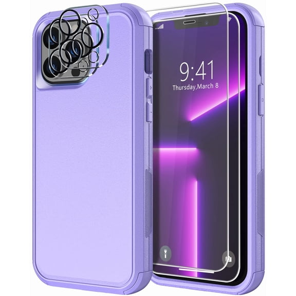 Diverbox for iPhone 13 Pro Case [Shockproof] [Dropproof] [Tempered Glass Screen + Camera Lens Protector],Heavy Duty Protection Phone Case Cover for Apple iPhone 13 Pro (Purple)