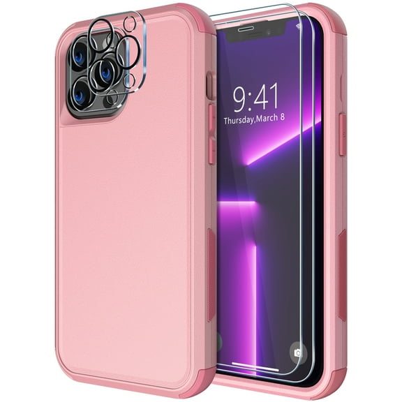 Diverbox for iPhone 13 Pro Case [Shockproof] [Dropproof] [Tempered Glass Screen + Camera Lens Protector],Heavy Duty Protection Phone Case Cover for Apple iPhone 13 Pro (Pink)