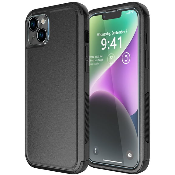 Diverbox for iPhone 14 Plus Case [Shockproof] [Dropproof] [Tempered Glass Screen + Camera Lens Protector],Heavy Duty Protection Phone Case Cover for Apple iPhone 14 Plus (Black)