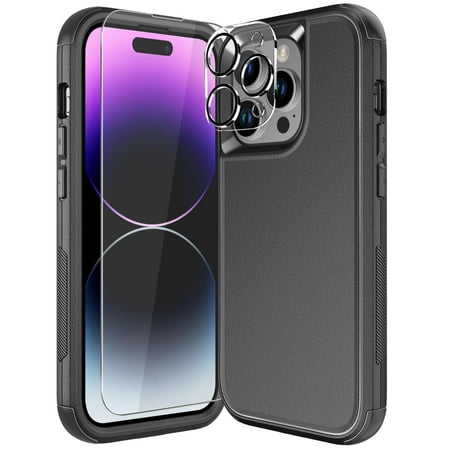 Diverbox for iPhone 14 Pro Case [Shockproof] [Dropproof] [Tempered Glass Screen + Camera Lens Protector],Heavy Duty Protection Phone Case Cover for Apple iPhone 14 Pro (Black)