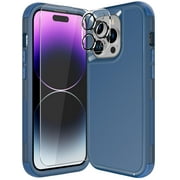 Diverbox for iPhone 14 Pro Case [Shockproof] [Dropproof] [Tempered Glass Screen + Camera Lens Protector],Heavy Duty Protection Phone Case Cover for Apple iPhone 14 Pro (Blue)