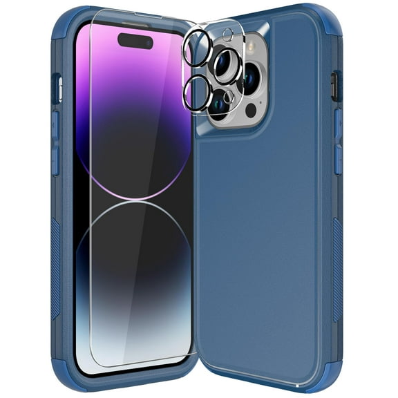 Diverbox for iPhone 14 Pro Case [Shockproof] [Dropproof] [Tempered Glass Screen + Camera Lens Protector],Heavy Duty Protection Phone Case Cover for Apple iPhone 14 Pro (Blue)
