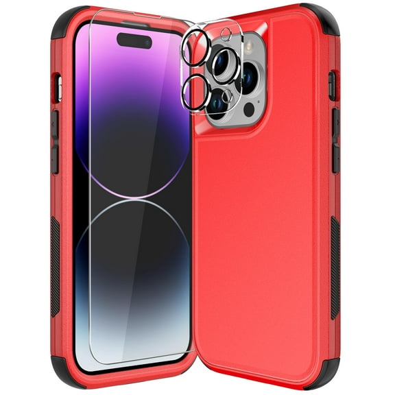 Diverbox for iPhone 14 Pro Case [Shockproof] [Dropproof] [Tempered Glass Screen + Camera Lens Protector],Heavy Duty Protection Phone Case Cover for Apple iPhone 14 (Red)